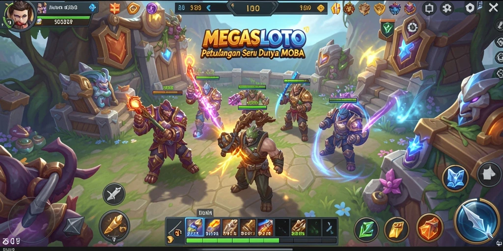Screenshot gameplay MEGASLOTO yang menampilkan aksi seru dalam pertempuran MOBA.
